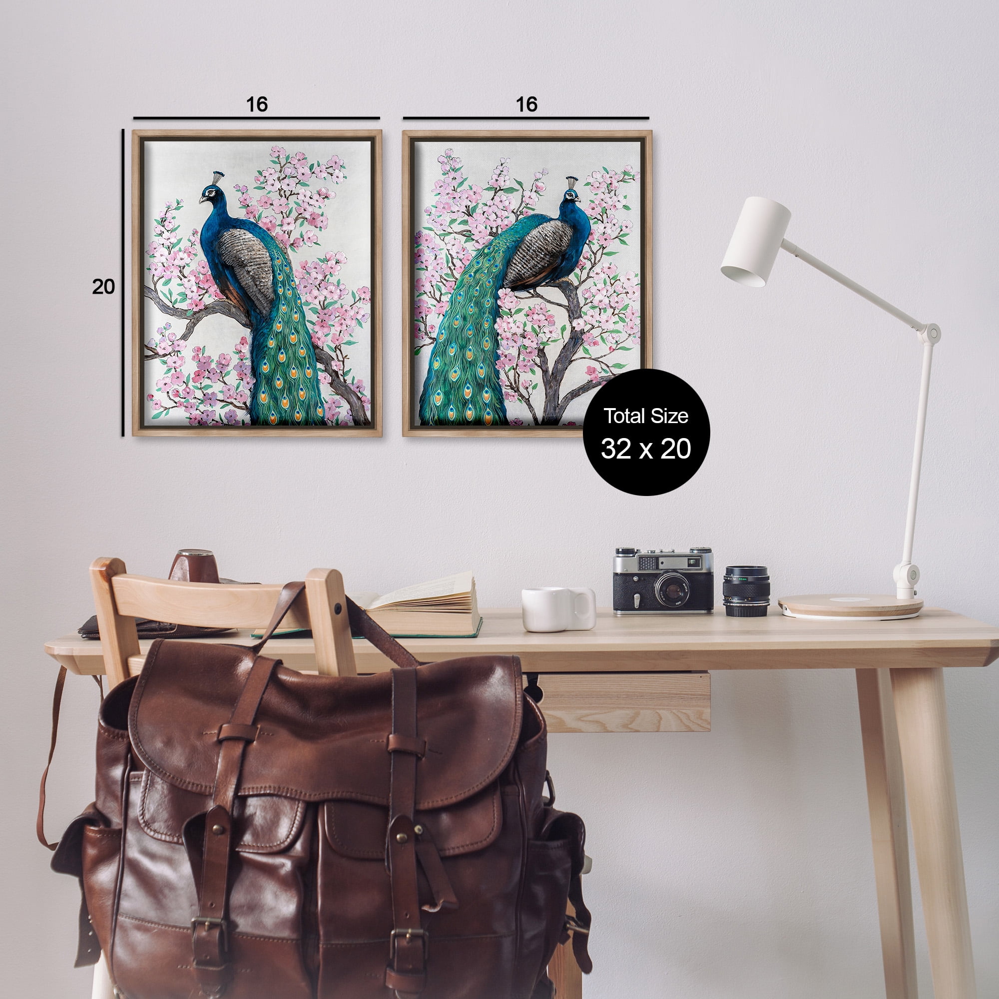 Stupell Industries Floral Peacocks Perched Animals & Insects Painting Brown Floater Framed Canvas Art Print Wall Art, 17 x 21, Set of 2