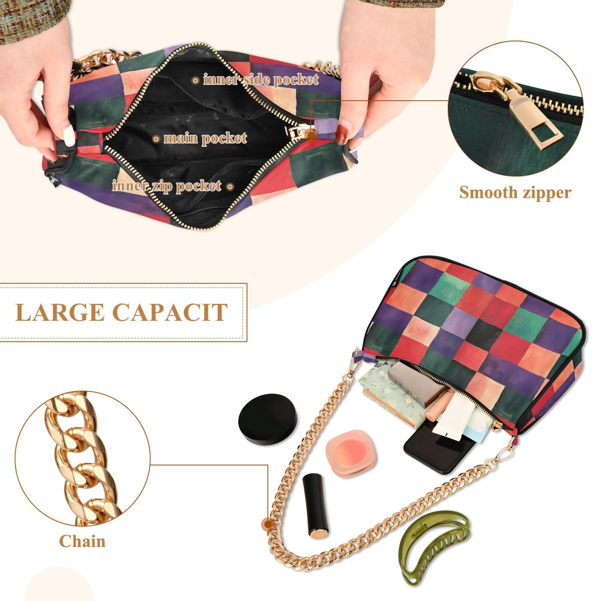FORMRS Womens Shoulder Bag with Chain Strap Clutch Purse Cute Tote Handbag, Red and Purple Plaid Pattern