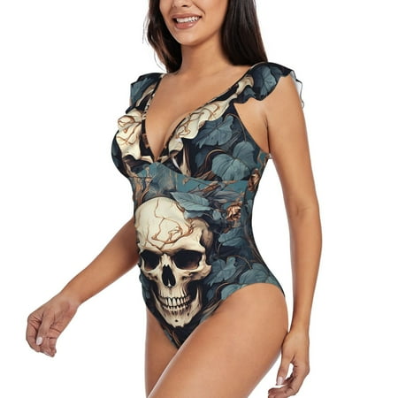 KLL Vintage Leaf Flower Skull for Women s Ruffled One Piece Swimsuit Tummy Control Bathing Suit V Neck Swimwear