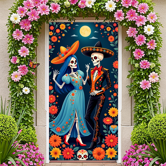 Colorful Theme Day of the Dead Banner Skeleton Couple Mexican Festival Decorative Floral for Cultural Celebration Indoor Decoration Event Decoration