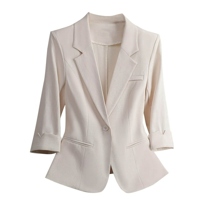 Yanlir Blazer Décontracté pour Femmes à Manches 3/4, Blouse Mode Couleur Unie avec Col Rabattu et Poche, Tenue Confortable pour le Travail (Beige, 2TG)