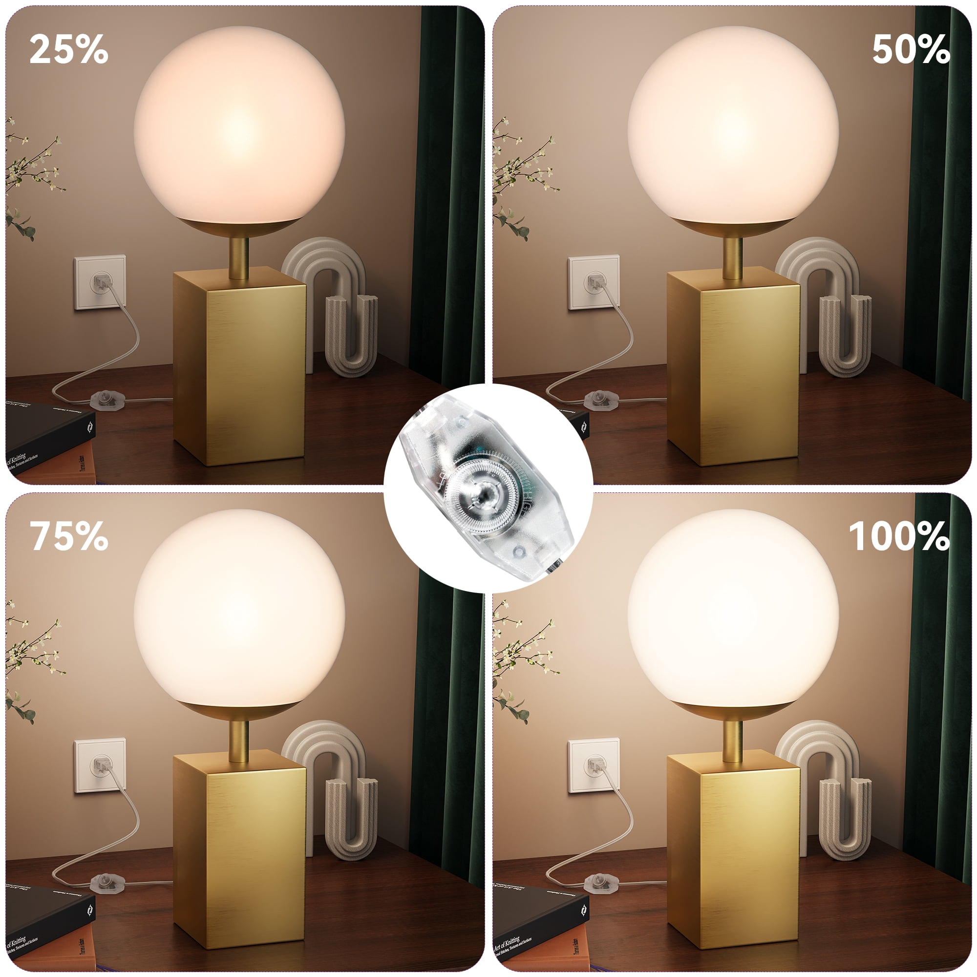 Dextrus Modern LED Globe Lamp with 4W LED Bulb, Brushed Brass Base, Contemporary Opal Glass Shade, and Dimmable Switch for Desk, Nightstand, and Tight Spaces