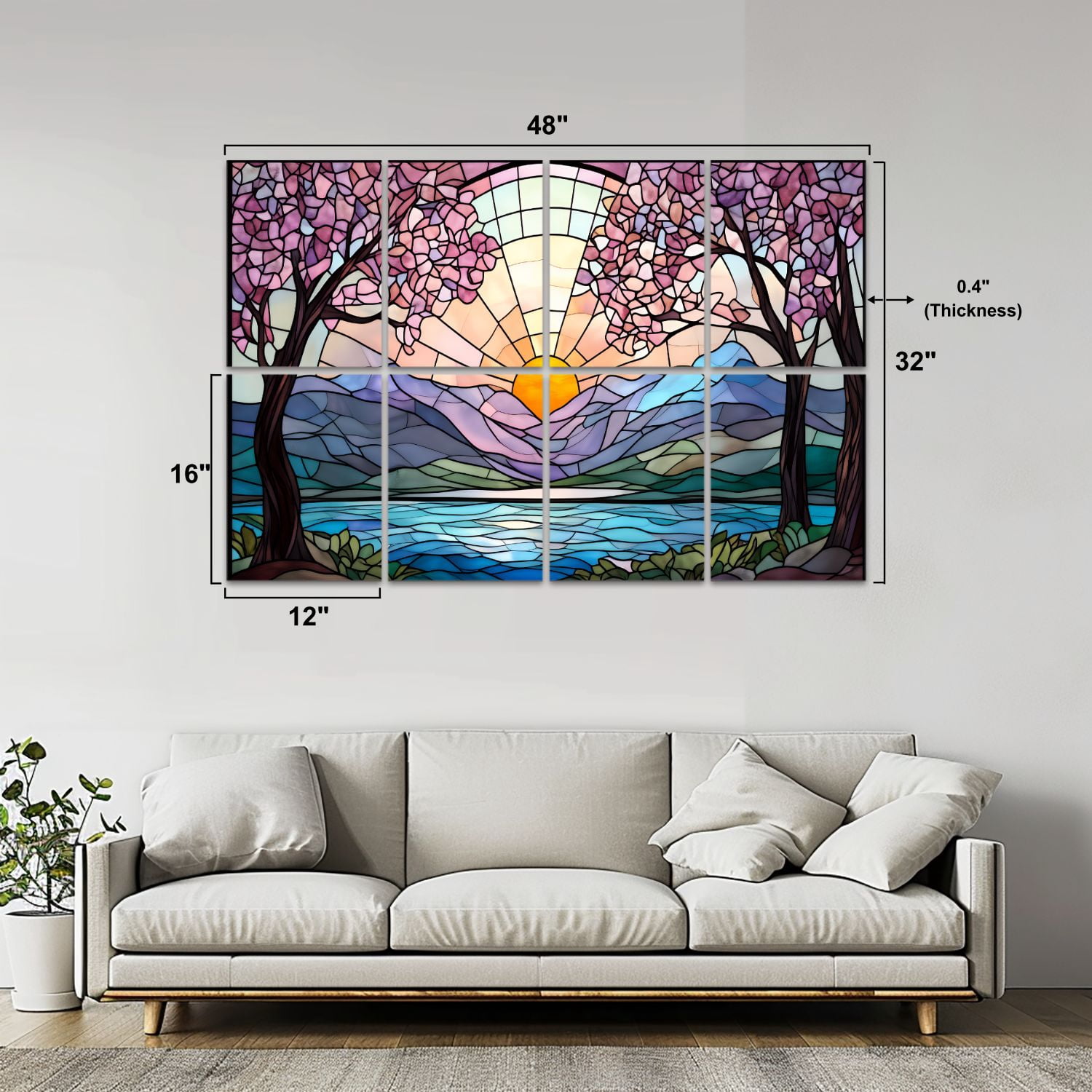 Stained Glass Style 8 Pack Art Acoustic Panels Sound Absorbing Sunrise Cherry Blossom Trees Decorative Soundproof Wall Panels Self Adhesive for Nursery Game Room Bedroom 48"x32"