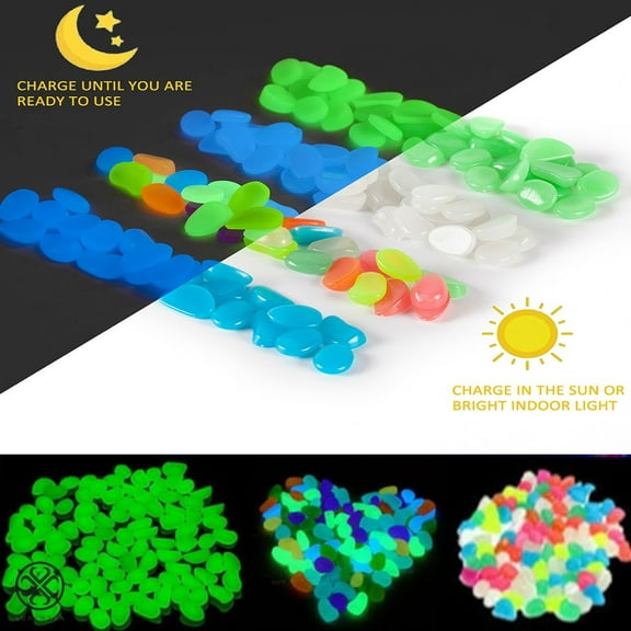 Luxtrada 100PCS Glow in The Dark Pebbles Stones for Indoor and Outdoor Walkways Garden Driveway Yard Fish Tank Decor Powered by Light and Solar