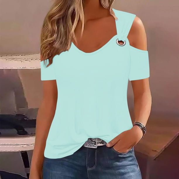Puntoco 2024, tops a la moda de verano para mujer, camiseta Sexy de verano para mujer, jersey con hombros descubiertos, blusa con cuello en V, tops lisos de manga corta