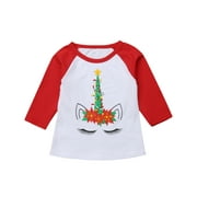 Baby Kids Girls Christmas Print Long Sleeve Ruffle Cotton T-Shirt Tops Clothes