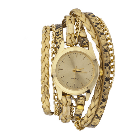 Metallic Leather Ankle Wrap - Lux Accessories GoldTone Metallic Bronze Braided Cheetah Leather Wrap Watch
