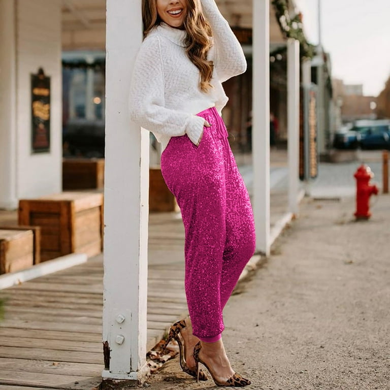 Yuzhih Women Glitter Sequin Pants Elastic High Waist Joggers