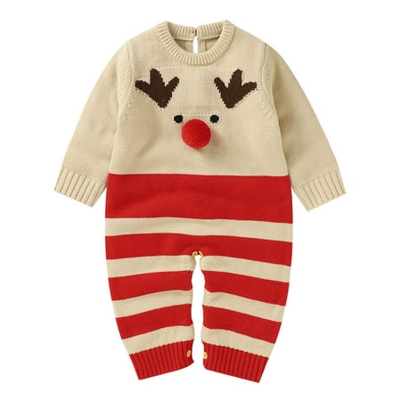 

Nokpsedcb Christmas Party Newborn Infant Baby Girls Boys Xmas Round Neck Buttons Wool Knitting Jumpsuit Apricot 0-3 Months