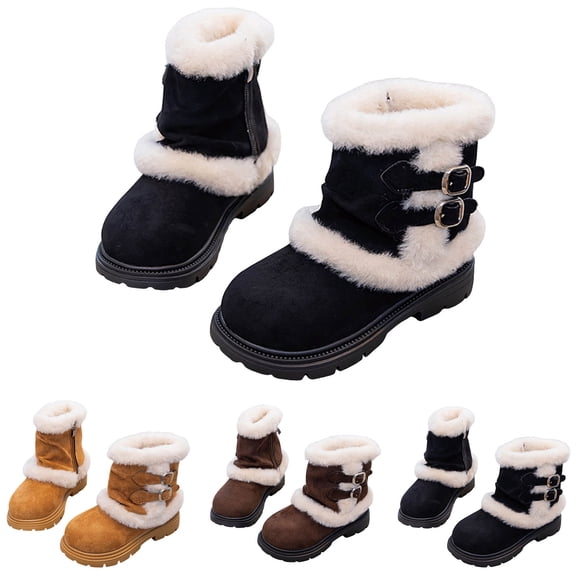 Dakaela 3-12Y Girls Fold over Snow Boots Kids Fleece Lined Buckles Mid Calf Dress Booties Toddler Side Zipper Suede Winter Shoes Black 9