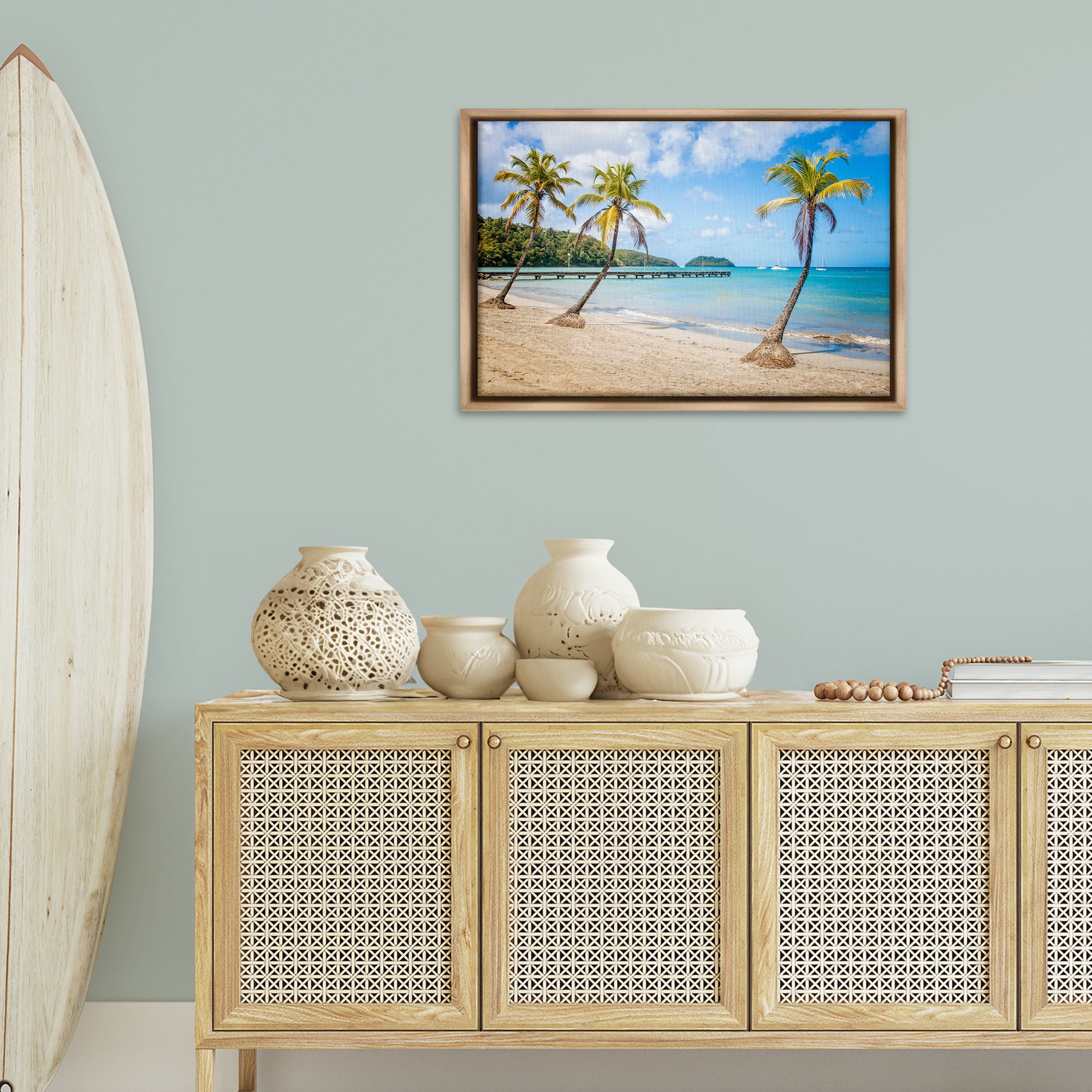 Stupell Industries Tropical Palm Tree Trio Nautical & Beach Photography Brown Floater Framed Canvas Art Print Wall Art, 31 x 21