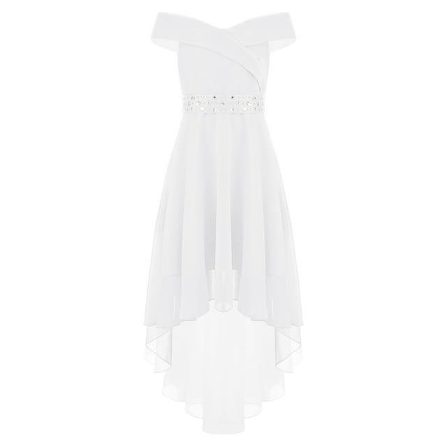 Loodgao Girls Elegant Solid Color Chiffon Party Dress Off Shoulder with Rhinestone Sash High Low Hem White 10