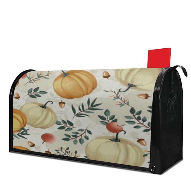 Autumn Maple Leaf Pumpkin Mailbox Cover Standard Fall Thanksgiving Garden Mailbox Covers Size 21X25.5 Inch Post Letter Box Cover Mailbox Post Cover for Garden Yard Decor Happy Fall Harvest