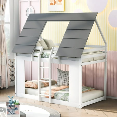 

House Bunk Bed with Roof and Built-in Ladder White(OLD SKU:GX000517AAK)