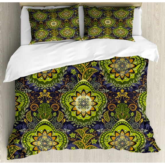 Ethnic Duvet Cover Set, Tropical Nature Theme Circular Doodle Style Complex, Decorative 3 Piece Bedding Set with 2 Pillow Shams, Queen Size, Green Orange Dark Blue, by Ambesonne