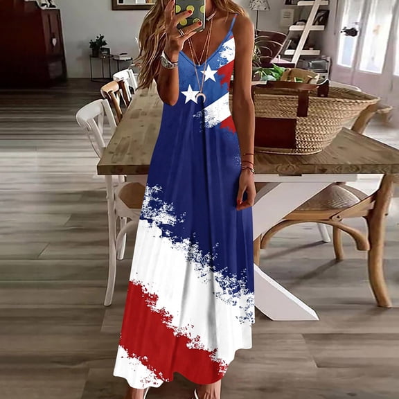 Vetsdori Summer Maxi Dress for Women's July 4th Star Print Slip Dress Casual,Ankle Length Backless Tank Red White and Blue Womens Dress V-Neck