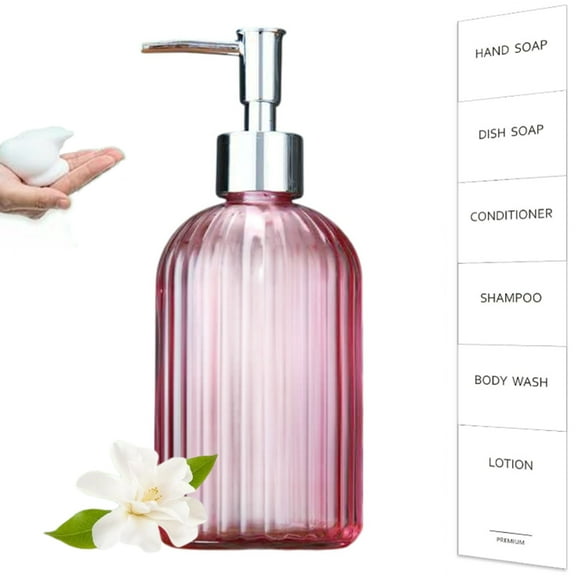 Bxaolu 13.5 OZ Soap Dispenser, Glass Clear Vertical Stripe with Rust Proof Pump, Refillable Liquid Hand Soap Dispenser,Empty Foaming Soap Dispenser for Bathroom, Kitchen, Dish Soap,Lotion (Pink)