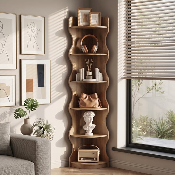 Fnova 71" 6-Tier Wavy Corner Bookshelf, Modern Curved Display Rack forKitchen, Home Office, Brown