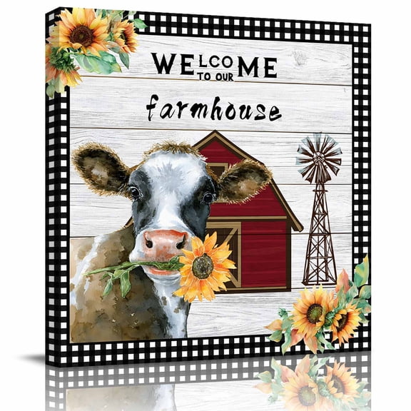 Framed Canvas Wall Art for Living Room Farmhouse Cow Wall Decor, Sunflower Barn Windmill Plaid Retro Wood Aesthetic Paintings for Bedroom Office Kitchen, Ready to Hang Artwork Wall Pictures 8x8 Inch