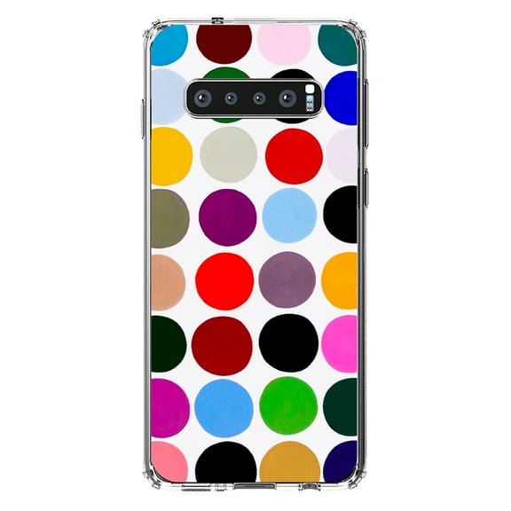 DistinctInk Clear Shockproof Hybrid Case for Samsung Galaxy S10 (6.1" Screen) - TPU Bumper, Acrylic Back, Tempered Glass Screen Protector - Rainbow Polka Dots