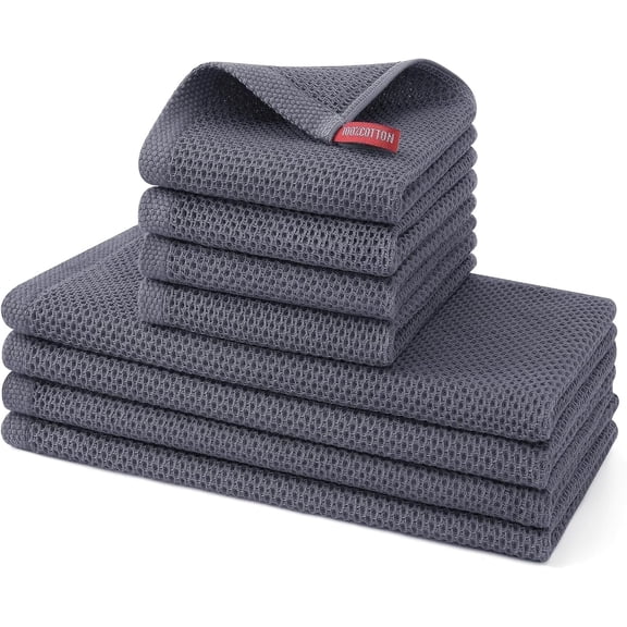 Godance 8 Pack 100% Cotton Waffle Weave Kitchen Dish Towels, 13 x 28 Inch and 12 X 12 Inch Kitchen Towels and Dishcloths Set, Ultra Soft Absorbent Quick Drying Dish Cloths for Washing Dishes, Grey