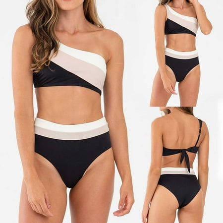 

ZXHACSJ Women s Sexy Colour Blocking Swimming Costume With Bra Pads And No Steel Bra Black M