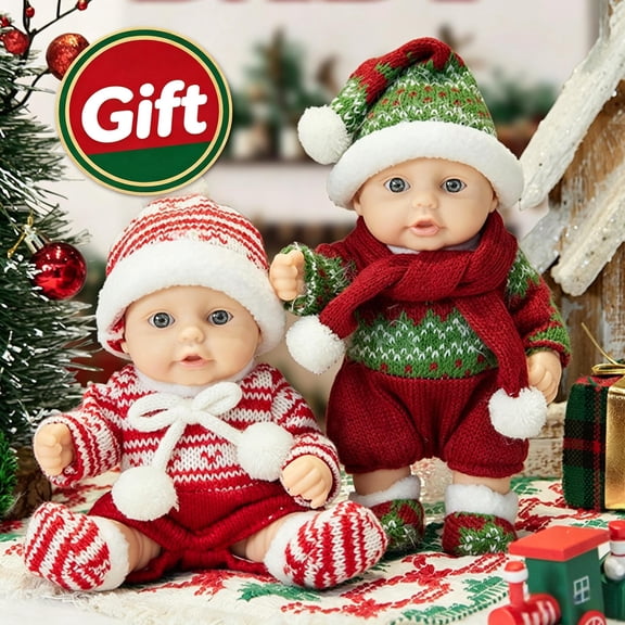10 Inch Christmas Themed Reborn Baby Doll, Lifelike Realistic Vinyl Doll with Knitted Santa Hat Scarf Xmas Outfit, Poseable Mini Newborn Doll Toy for Kids Holiday Home Decor Christmas Collector Gift