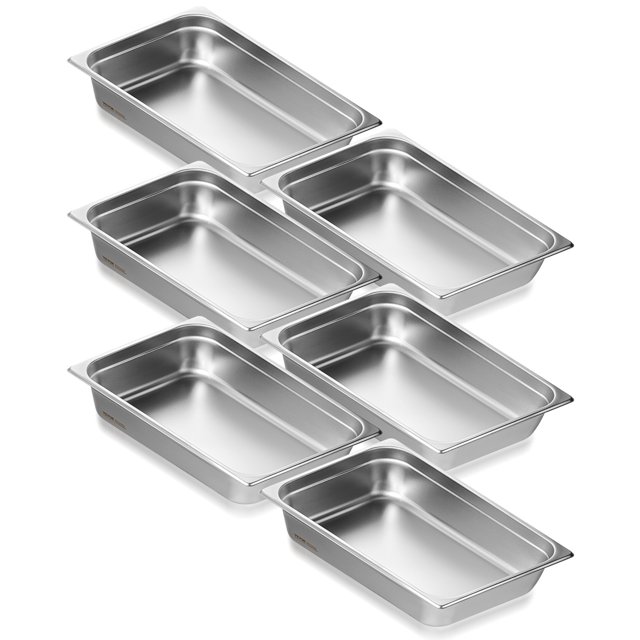 VEVOR 6 Pack Full Size Hotel Pans Steam Table Pan Stainless Steel 4" Deep. These food-grade SUS201 stainless steel pans are designed for cooking, storing, and displaying food. Each pan measures 20.9 x 12.8 x 4 inches and has a 13.9L capacity. The pans are heat and cold resistant, suitable for ovens, steam tables, refrigerators, and freezers. They feature anti-stacking grooves for easy separation, smooth edges for safety, and a polished surface for easy cleaning. Ideal for restaurants, catering, and family gatherings.