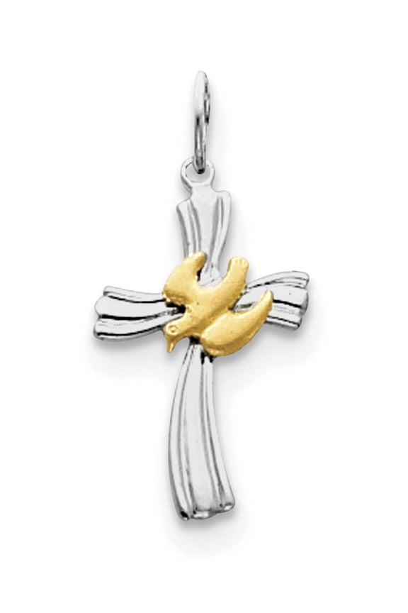 Sterling Silver Rhodium-Plated & Vermeil Dove Cross Charm (22 X 13) Made In United States qc3338
