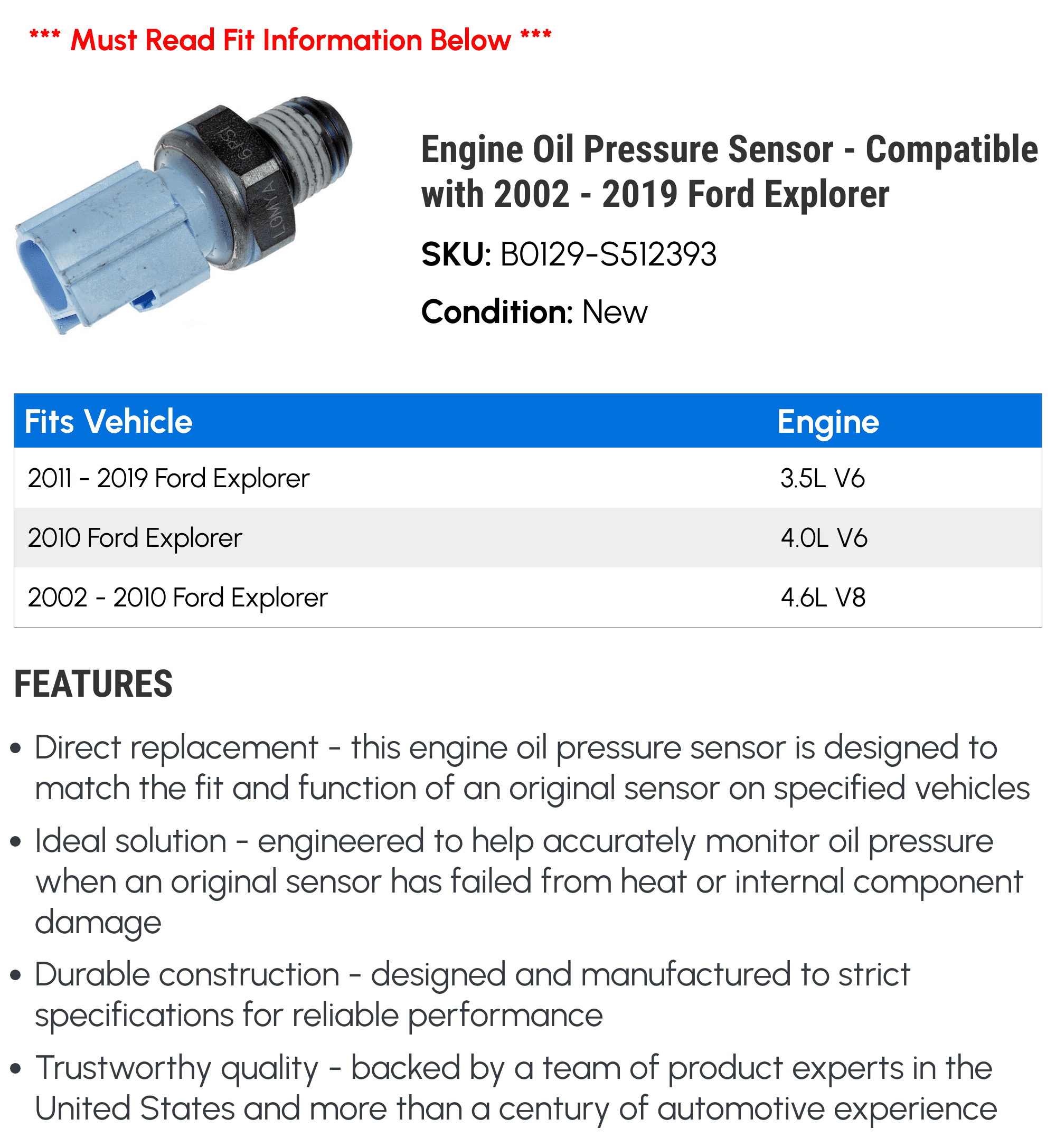 Engine Oil Pressure Sensor - Compatible with 2002 - 2019 Ford Explorer 2003 2004 2005 2006 2007 2008 2009 2010 2011 2012 2013 2014 2015 2016 2017 2018