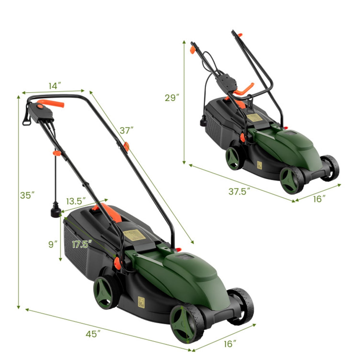 10 ampere 13 inch electric rope lawn mower with dual safety switches -Green