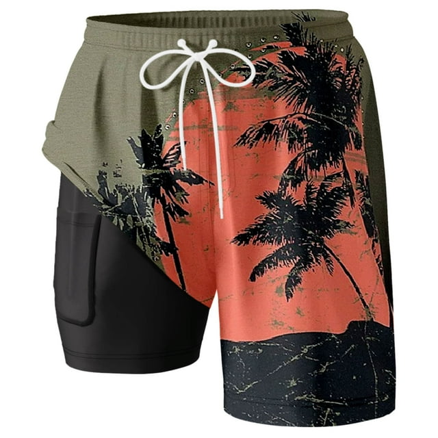 Ediodpoh Swim Shorts for Men Summer Fashion Double Layer Swim Trunks with Compression Liner Pockets Swim Trunks for Men Army Green_012 S