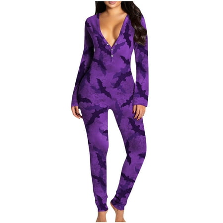 

Deals of the Day Tarmeek Women s Sexy Deep V Neck Button-Down Butt Flap Pajamas Halloween Printed Long Onesies Pajamas Stretch Long Sleeve One Piece Sleepwear Sexy Bodycon Bodysuit Jumpsuit Rompers
