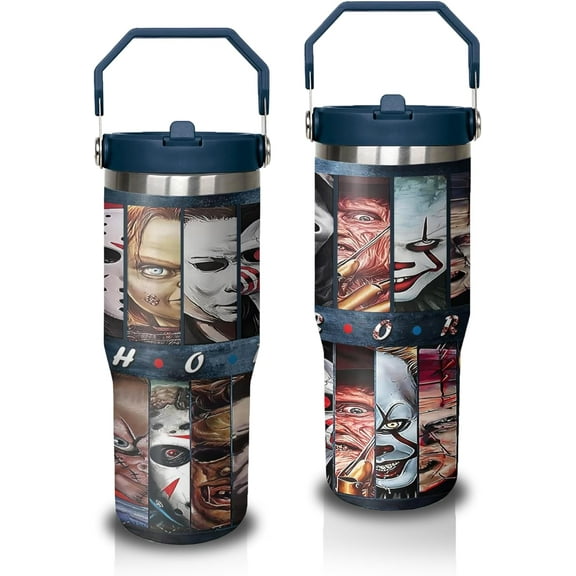 30oz Horror Movies Tumbler with Lid and Flip Straw,Gift for Man Women, Halloween Stainless Steel Insulated Cup, Travel Coffee Mug, Terror Water Bottle for Fans