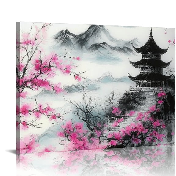 ZFLMY Chinese Landscape Pink Flowers Pagoda Canvas Wall Art Decor for Bathroom, Living Room, Bedroom - Ready To Hang Home Art Decor 16x12in