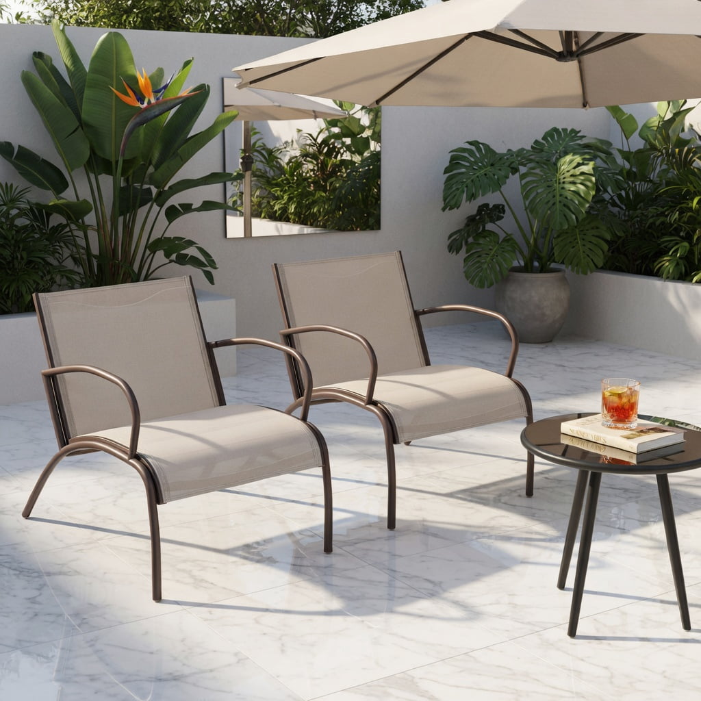 Hommoo 3-Piece Outdoor Patio Set, 2 Wide-Arm Aluminum Metal Chairs + Coffee Table, Brown
