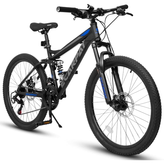 HappyToysWorld 24 Inch Mountain Bike with Dual Full Suspension & 21 Speeds, Front and Rear Disc Brakes, High-Tensile Steel Frame for Men and Women, Outdoor Riding