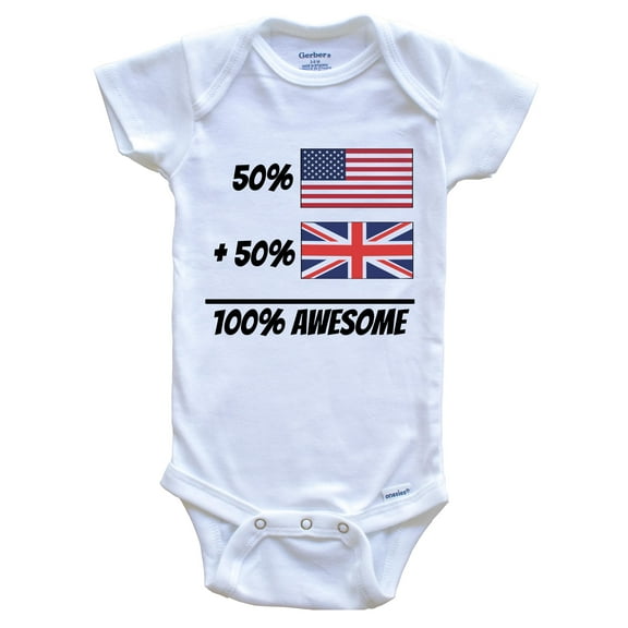 50% American Plus 50% British Equals 100% Awesome Cute United Kingdom Flag Baby Bodysuit, 0-3 Months White