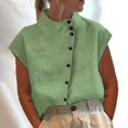 thumbnail image 2 of Womens Tops Women's Casual Color Cotton Linen Standing Collar Button Short Sleeved Shirt Green S, 2 of 5