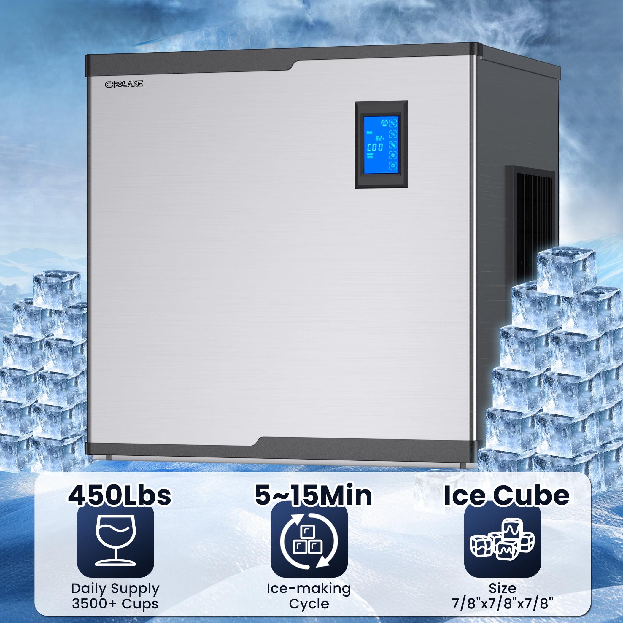 Coolake 22" 450lbs Commercial Cube Ice Machine Head, Stainless Steel, 115v
