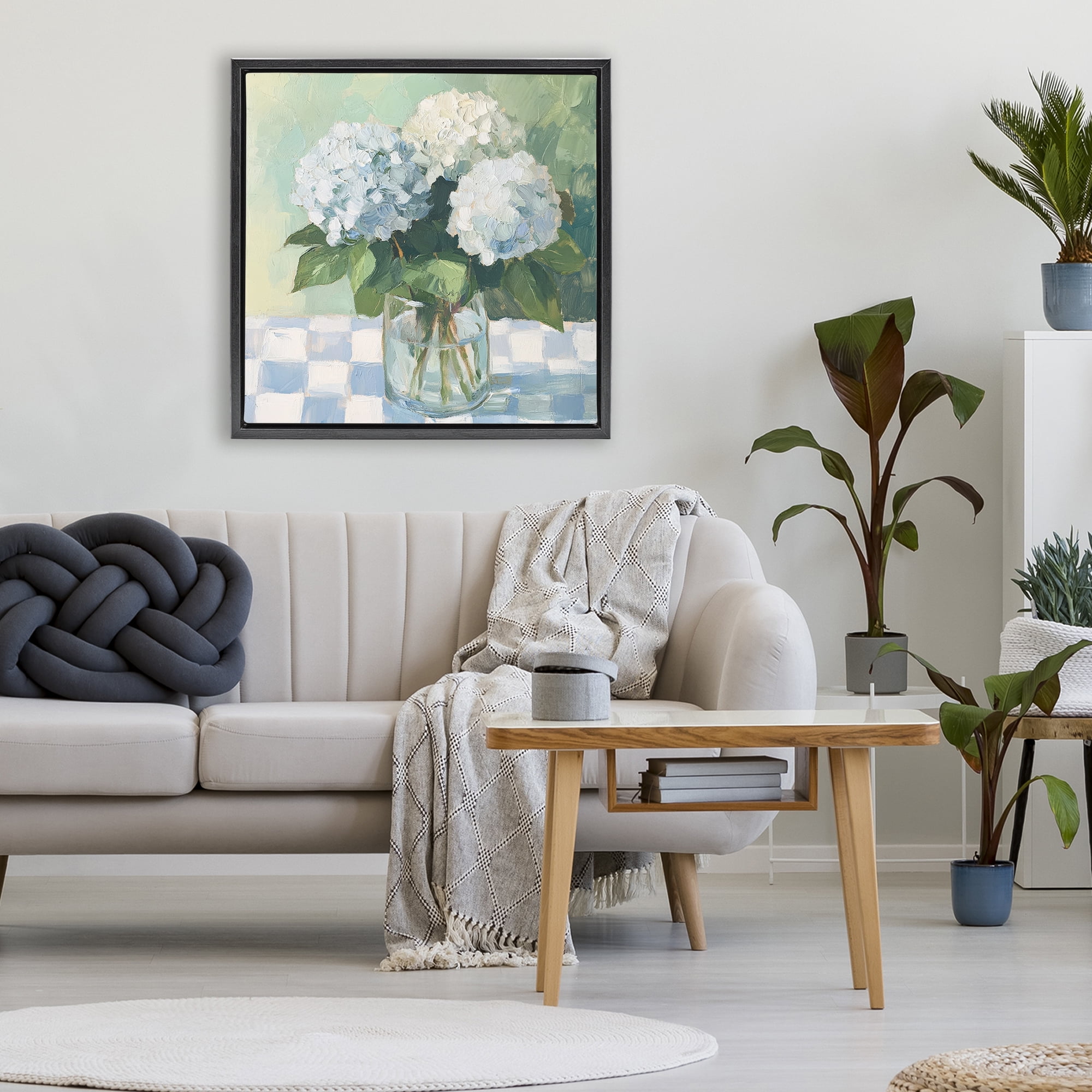 Stupell Industries Hydrangea Picnic on Checkered Black Framed Floater Canvas Wall Art, design by Petal Prints Design