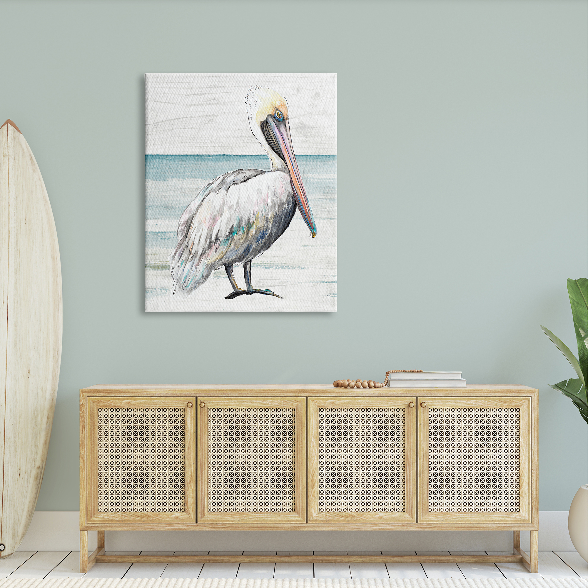 Stupell Industries Rustic Pelican Bird Beach Shoreline Portrait Graphic Art Gallery Wrapped Canvas Print Wall Art, Design by Patricia Pinto