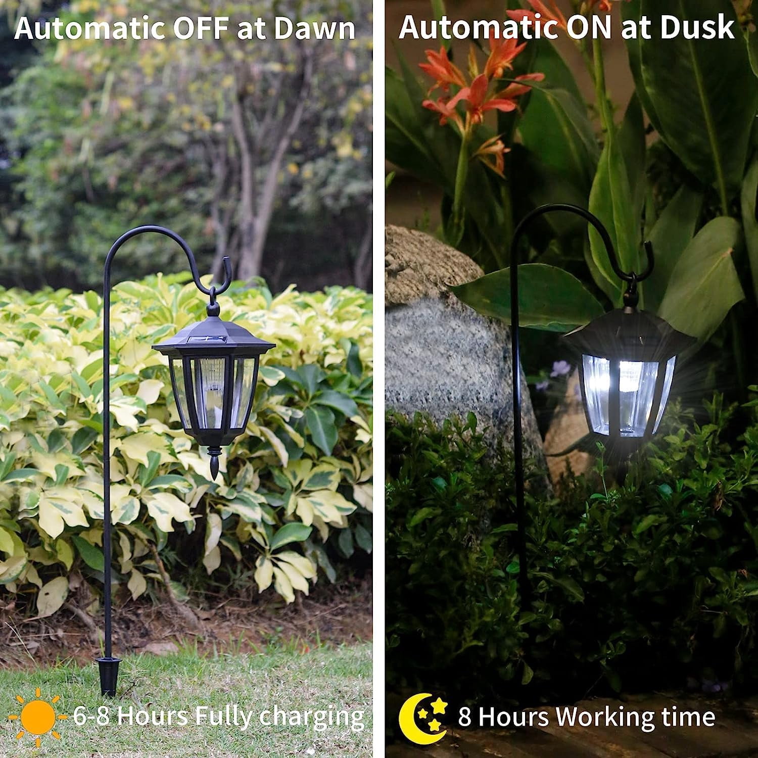 TOYIEW Hanging Solar Lights Outdoor Waterproof, 35 Inch Shepherd Hook Lights with 4 Shepherd Hooks, Solar Lantern Lights for Garden Decor, Pathway, Porch Decor, Patio, Backyard and Yard, 4 Pack