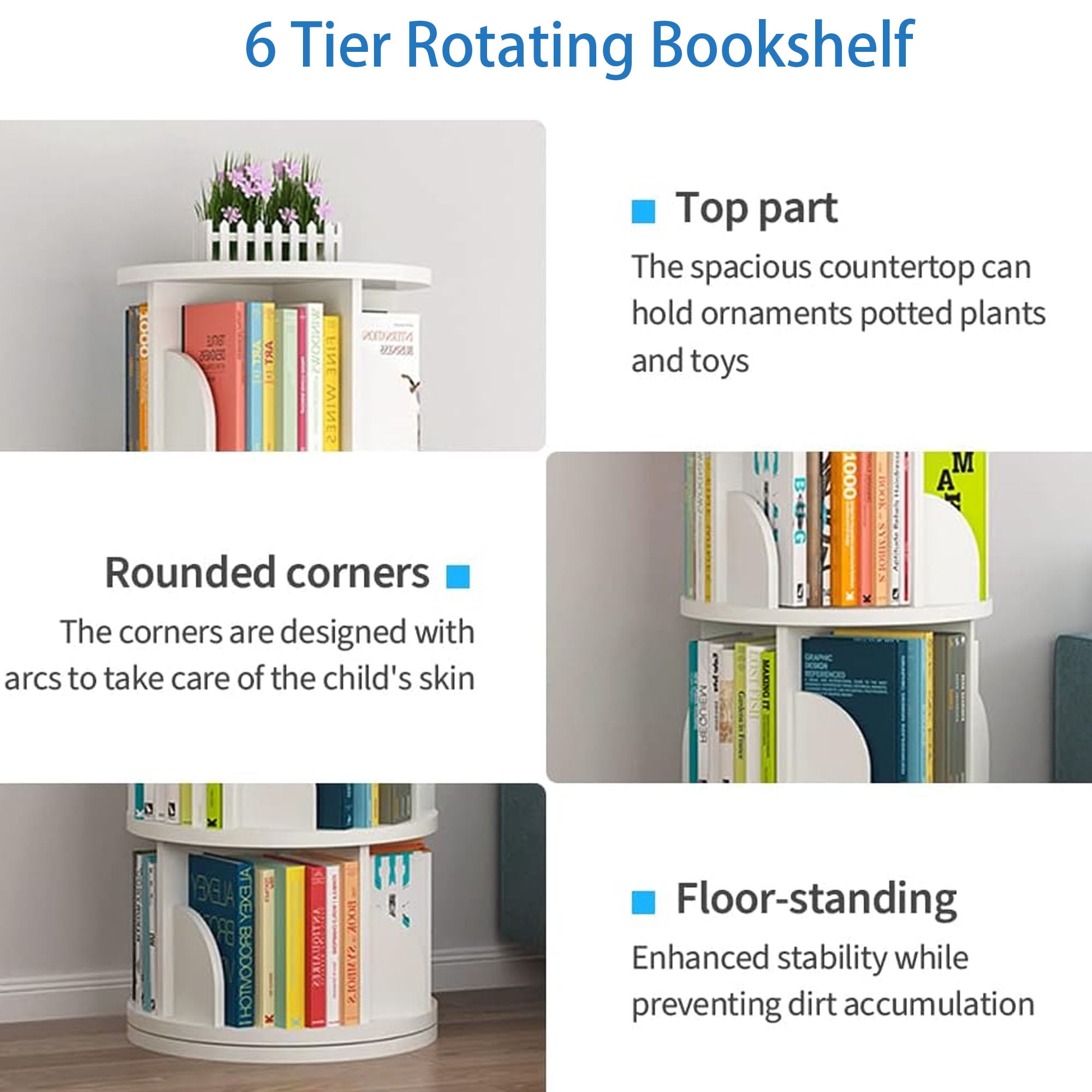IAJXWI 6-Tier Wooden Rotating Bookcase, 360° Revolving Display Rack with 24 Shelves, White 74"x18"x18"