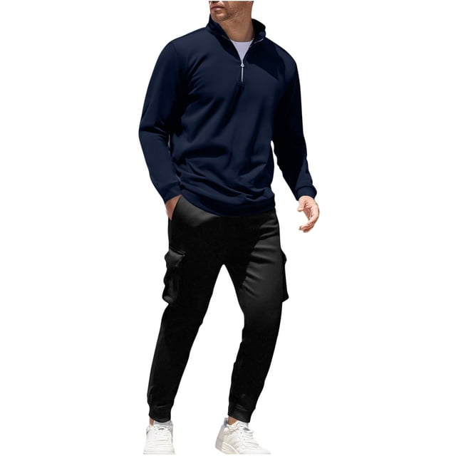 HAiming Mens 2 Piece Tracksuit Long Sleeve Quarter Zip Stand Neck Tops and Cargo Pant Solid Color Outfits with Pockets