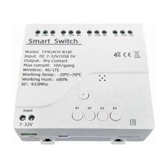 Tuya Smart Switch 4G LTE Relay with 433Mhz Smart GSM Switch APP Wireless Control 4G 4CH Remove Controller DC 7-32V,1 x Smart Switch,White