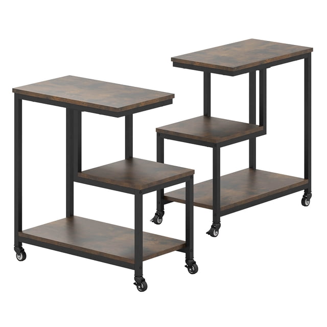 Costway 2 Pcs Table d'Appoint Moderne en Forme de g avec Étagères de Rangement et Roulettes Verrouillables pour Salon Marron