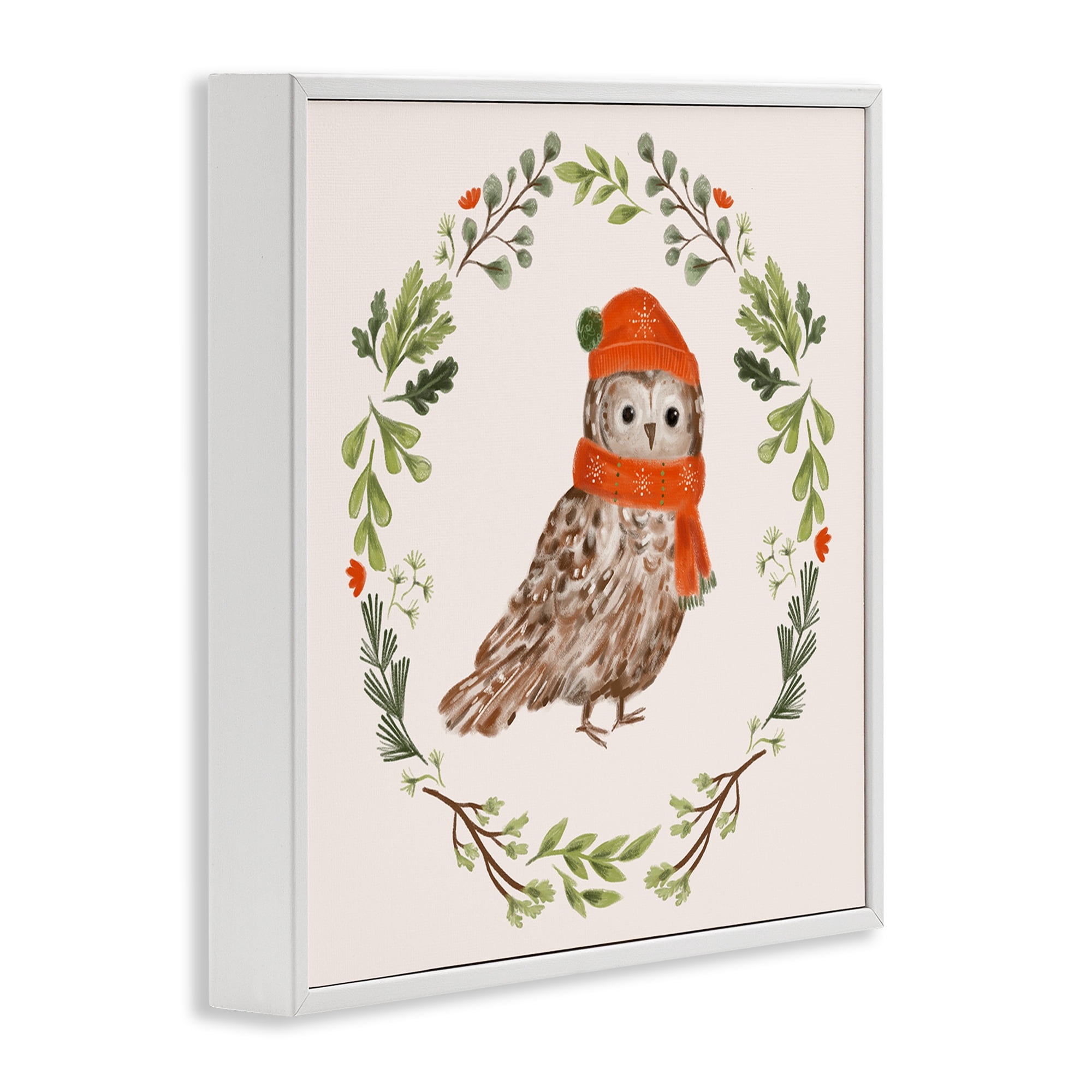 Stupell Industries Holiday Owl Wreaf Holiday Painting White Framed Art Prints Wall Art, 17 x 17