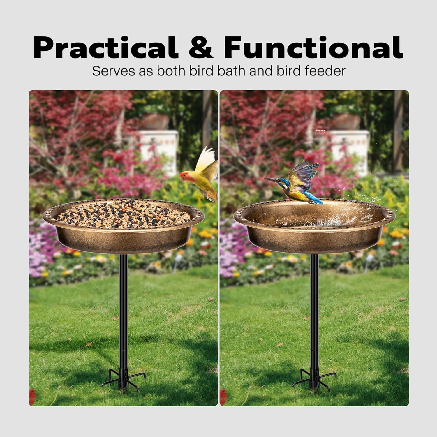 SPECSTAR Bird Bath, Oval Polyresin Birdbath Bowl with Metal Stake, 29 inch Height Outdoor Freestanding Birdfeeder, 1.3 Gallons, 5-Pronged Base, Copper