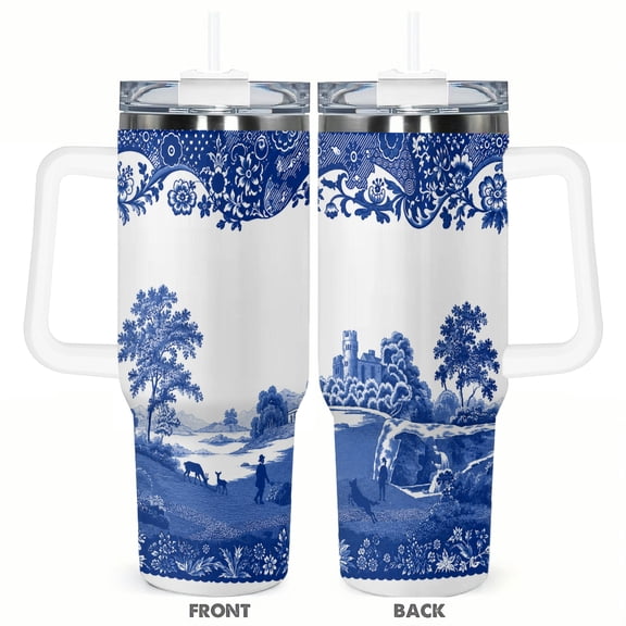 40oz Blue and White Countryside Travel Tumbler with Handle and Straw Lid Vintage Landscape Insulated Car Coffee Cup Gift for Women